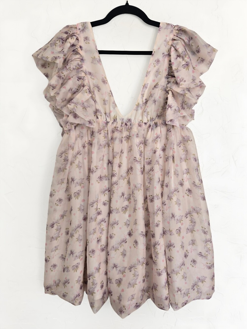 Storia Floral Airy Ruffle Cream Purple Dress, S